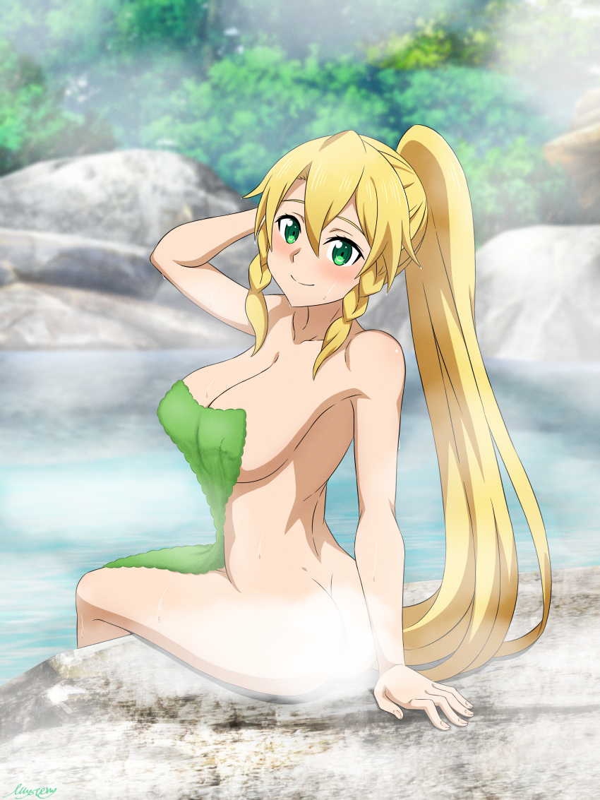 1girl absurdres ass blonde_hair braid breasts butt_crack commentary_request completely_nude covering_privates fairy_(sao) green_eyes green_towel hair_between_eyes highres large_breasts leafa long_hair looking_at_viewer mysteryctu nude nude_cover onsen outdoors paid_reward_available pointy_ears ponytail sitting smile solo steam sword_art_online twin_braids