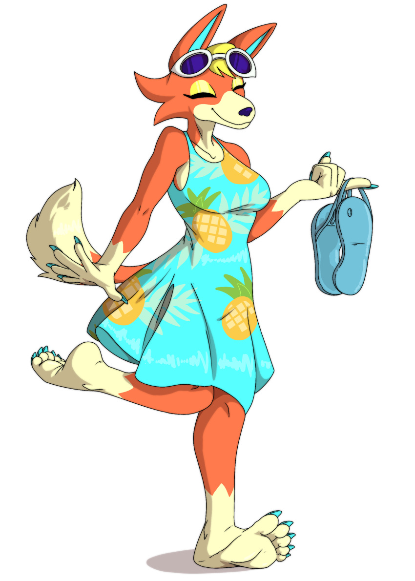 5_toes absurd_res animal_crossing anthro audie_(animal_crossing) barefoot canid canine clothing dress feet female flip_flops foot_ninja15 footwear fox hi_res humanoid_feet mammal nintendo plantigrade sandals soles solo toes