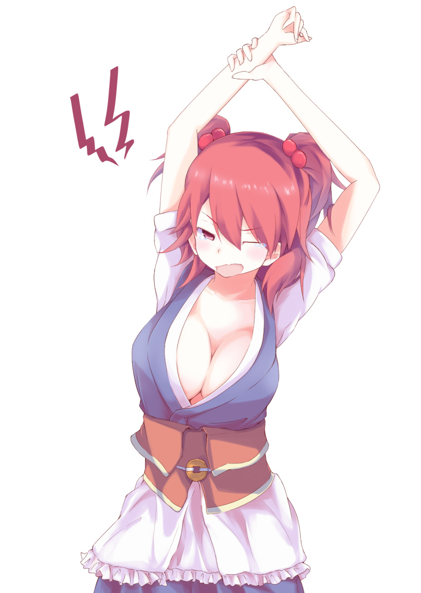 1girl breasts cleavage commentary_request hair_bobbles hair_ornament highres holding_own_wrist koshinaka-zz large_breasts looking_at_viewer one_eye_closed onozuka_komachi open_mouth red_eyes red_hair sash simple_background solo stretching touhou two_side_up upper_body white_background