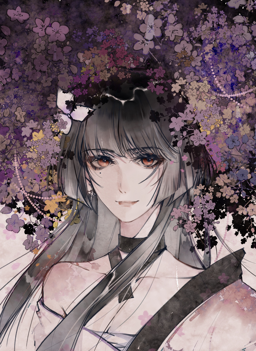 1girl absurdres black_choker blunt_bangs chest_sarashi chinese_commentary choker collarbone commentary earrings flower grey_hair hair_flower hair_ornament highres hime_cut japanese_clothes jewelry kimono looking_at_viewer mole mole_under_eye path_to_nowhere purple_flower purple_kimono red_eyes sarashi single_bare_shoulder single_off_shoulder siyuanzi solo sumire_(path_to_nowhere) upper_body yellow_flower