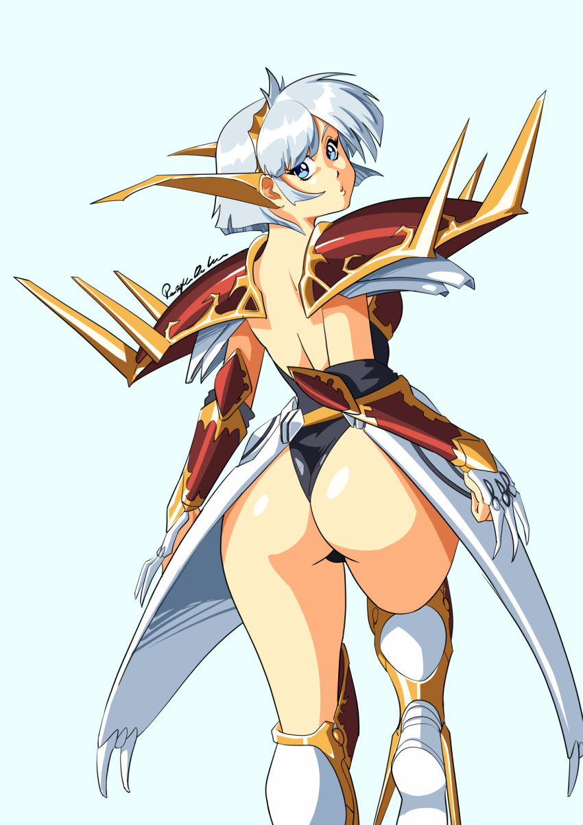 1girl armor armored_boots ass ass_focus back backless_outfit bare_back boots breastplate dekura from_behind gauntlets highleg highleg_leotard highres langrisser langrisser_ii leg_up leotard looking_at_viewer looking_back pauldrons sherry_(langrisser) short_hair shoulder_armor simple_background solo spiked_pauldrons standing thighs thong_leotard tiara wrist_blades