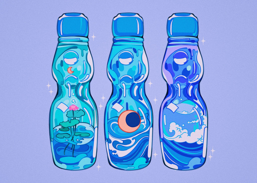 blue_background blue_theme bottle crescent_moon drink highres lily_pad meyoco moon no_humans original ramune simple_background water water_lily_flower waves