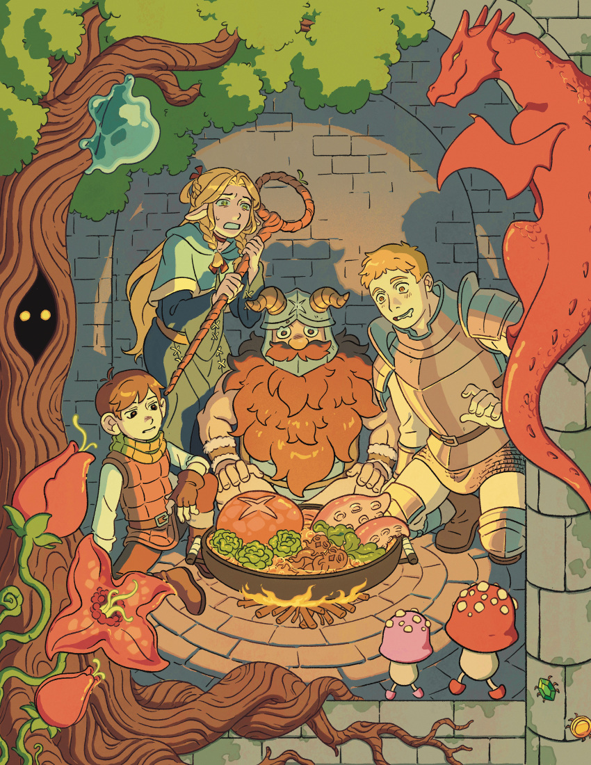 1girl 3boys absurdres beard brown_hair chilchuck_tims cooking dragon dungeon_meshi dwarf elf eyes_in_shadow facial_hair fake_horns fire_light fishfud helmet highres holding holding_staff horned_helmet horns laios_touden long_beard long_hair marcille_donato multiple_boys plant pointy_ears scared senshi_(dungeon_meshi) sitting staff thick_mustache tree very_long_beard walking_mushroom_(dungeon_meshi) wok