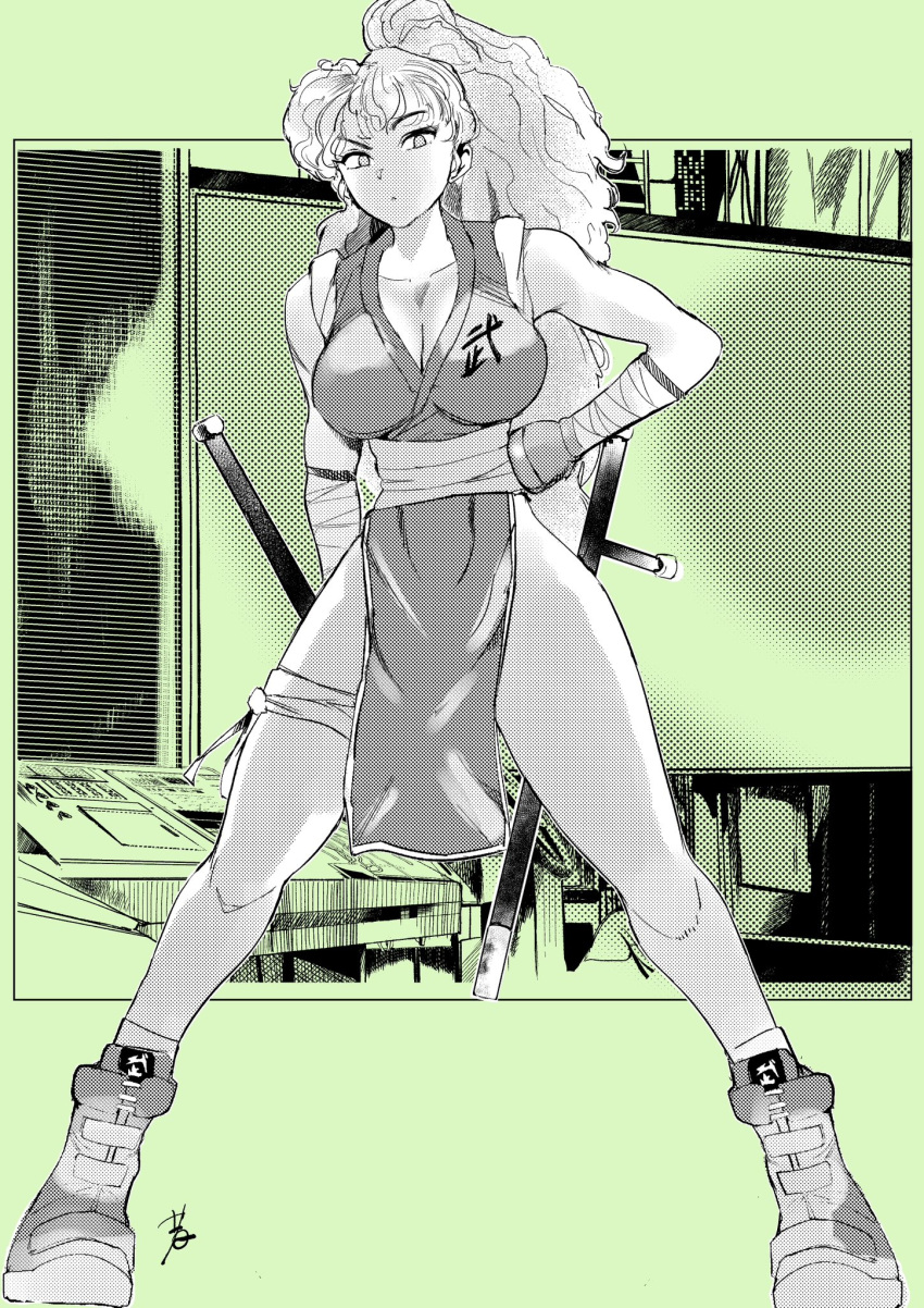 1girl bandaged_arm bandages bare_shoulders breasts capcom_vs_snk_2 cleavage clenched_hand collarbone final_fight_2 full_body genryuusai_maki greyscale hand_on_own_hip high_ponytail highres hiroshi_mono holding holding_weapon japanese_clothes long_hair looking_at_viewer medium_breasts monochrome ninja pelvic_curtain ponytail shoes signature sleeveless sneakers solo street_fighter thigh_strap thighs tonfa weapon