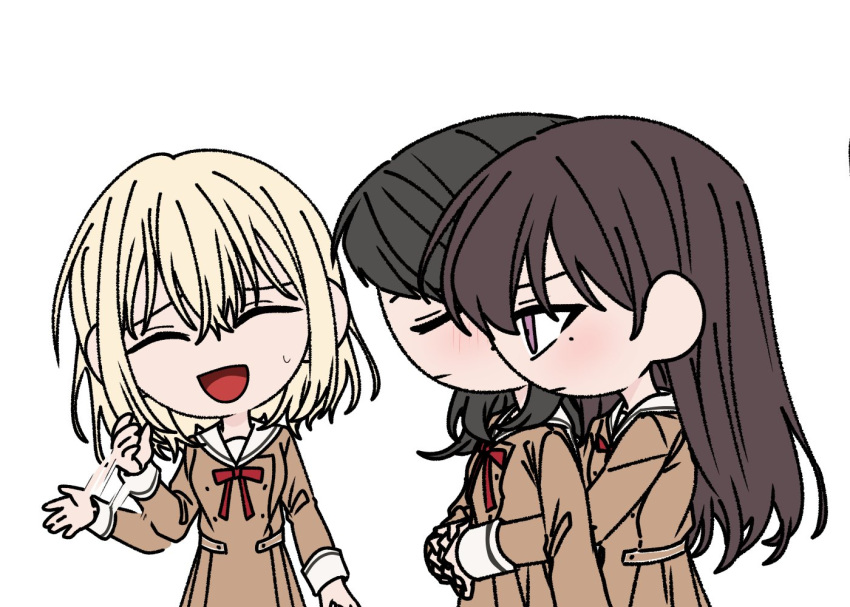 3girls a_jak afterimage bang_dream! bang_dream!_it's_mygo!!!!! black_hair blonde_hair brown_dress brown_hair closed_eyes dress hanasakigawa_school_uniform hug hug_from_behind long_hair long_sleeves medium_hair misumi_uika mole mole_under_eye multiple_girls neck_ribbon open_mouth purple_eyes red_ribbon ribbon school_uniform shiina_taki simple_background sweatdrop white_background yahata_umiri yuri