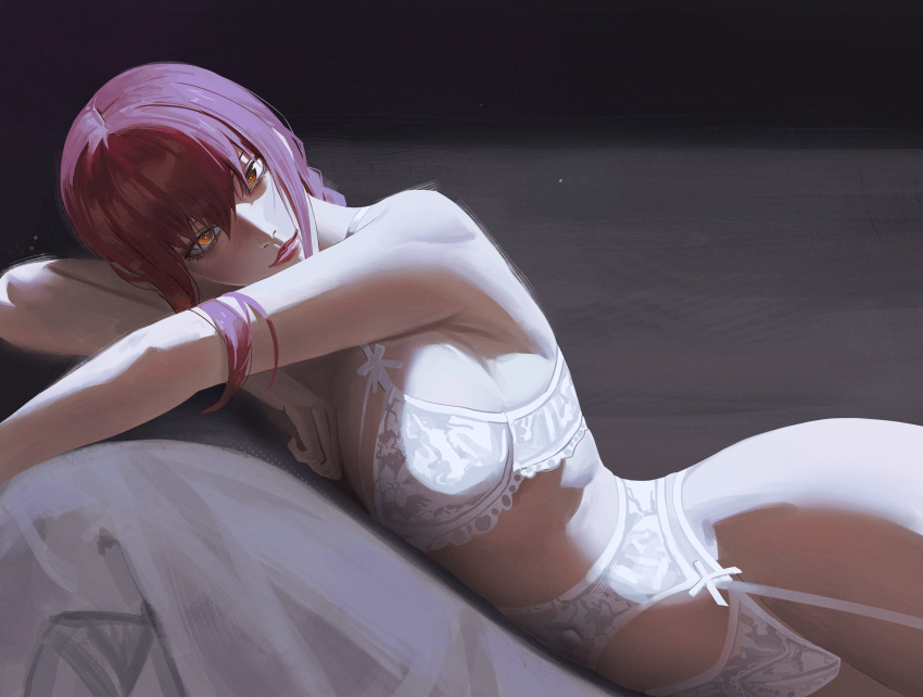 1girl absurdres bare_shoulders bra breasts chainsaw_man commentary english_commentary garter_belt garter_straps hair_between_eyes highres large_breasts long_hair looking_at_viewer lying makima_(chainsaw_man) on_stomach panties purple_hair rasipan smile solo underwear underwear_only white_bra white_panties yellow_eyes