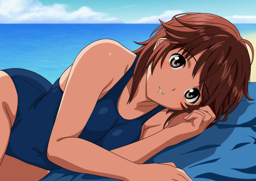 1girl amagami beach blue_one-piece_swimsuit blue_sky breasts brown_eyes brown_hair cloud day horizon lying medium_breasts new_school_swimsuit ocean on_side one-piece_swimsuit outdoors parted_lips sakurai_rihoko school_swimsuit short_hair sky smile solo swimsuit yuuyuu_(3jjbn)