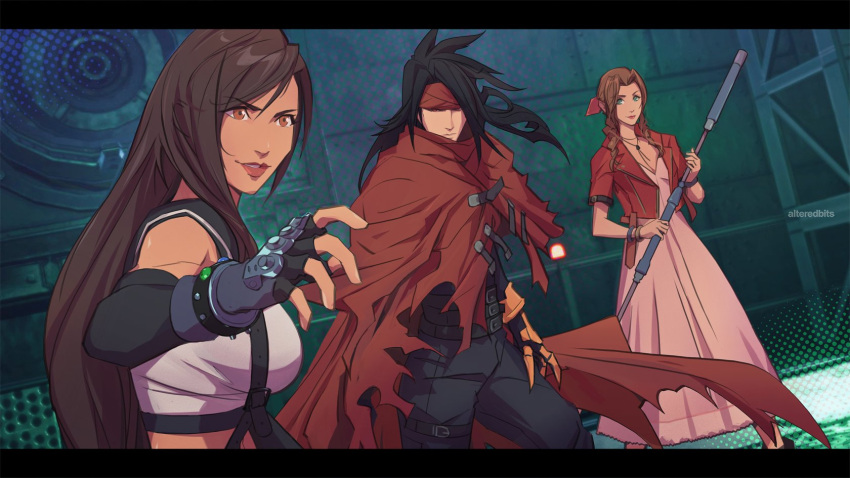 1boy 2girls aerith_gainsborough alteredbits artist_name bangle bare_shoulders belt black_border black_bra black_gloves black_hair black_pants boots border bra bracelet breasts brown_eyes brown_hair choker clawed_gauntlets cloak crop_top cropped_jacket dress elbow_gloves feet_out_of_frame fighting_stance final_fantasy final_fantasy_vii final_fantasy_vii_rebirth final_fantasy_vii_remake fingerless_gloves flower_choker gloves green_eyes hair_between_eyes hair_ribbon headband highres holding holding_staff jacket jewelry large_breasts letterboxed long_dress long_hair materia medium_breasts midriff multiple_belts multiple_girls pants parted_bangs parted_lips pink_dress pink_ribbon red_cloak red_headband red_jacket ribbon shirt short_sleeves sidelocks sleeveless sleeveless_shirt smile sports_bra staff suspenders swept_bangs thigh_strap tifa_lockhart torn_cloak torn_clothes underwear upper_body vincent_valentine wavy_hair white_shirt