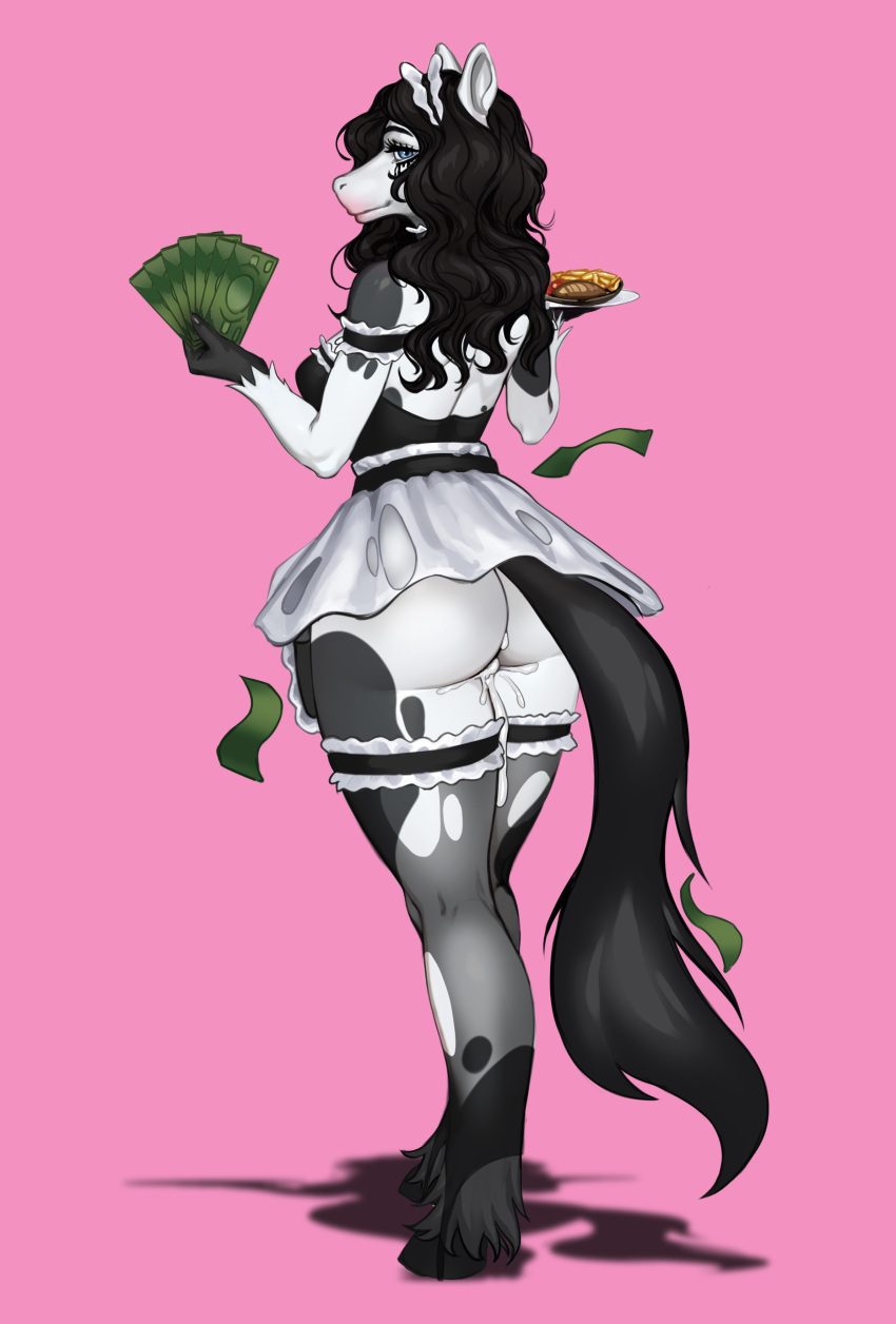 absurd_res anthro balls black_body black_fur black_hair black_tail blue_eyes bodily_fluids bovid bovine breasts cattle clothed clothing cum cum_inside dessert digital_media_(artwork) dress food fur genital_fluids genitals hair herm hi_res holding_object hooves intersex looking_at_viewer magna_nsfw maid_uniform mammal multicolored_body multicolored_fur penis pink_background plate simple_background solo tail tuft uniform white_body white_fur