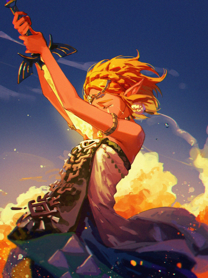 1girl armlet bare_shoulders blonde_hair braid breasts circlet closed_eyes cowboy_shot crown_braid dress earrings gold_trim highres holding holding_sword holding_weapon jewelry long_dress master_sword medium_breasts outdoors parted_bangs pointy_ears princess_zelda short_hair sidelocks solo stab strapless strapless_dress sword teardrop_facial_mark tears the_legend_of_zelda the_legend_of_zelda:_tears_of_the_kingdom thick_eyebrows toaot weapon white_dress