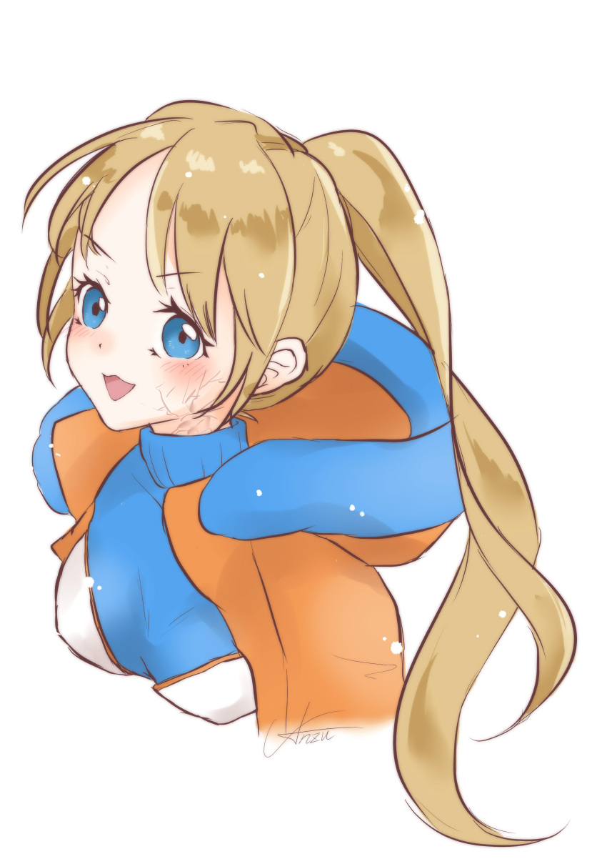 1girl absurdres alternate_hair_length alternate_hairstyle animification anzu_(x_anzu_ill) apex_legends blonde_hair blue_eyes blue_sweater blush bodysuit breasts hair_behind_ear highres hood hooded_jacket jacket long_hair looking_at_viewer medium_breasts ponytail portrait scar scar_on_cheek scar_on_face signature simple_background smile solo sweater turtleneck turtleneck_sweater wattson_(apex_legends) white_background white_bodysuit