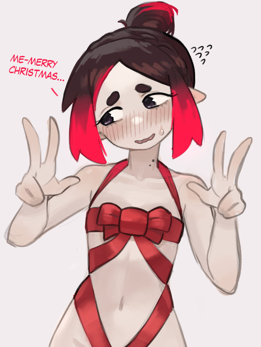 1girl absurdres bite_mark black_eyes black_hair blush christmas colored_skin eleanor_(justadrian) hair_bun highres justadrian_(yoadriandk) merry_christmas multicolored_hair naked_ribbon pointy_ears red_hair ribbon short_hair smile spoken_sweatdrop sweatdrop two-tone_hair v vampire