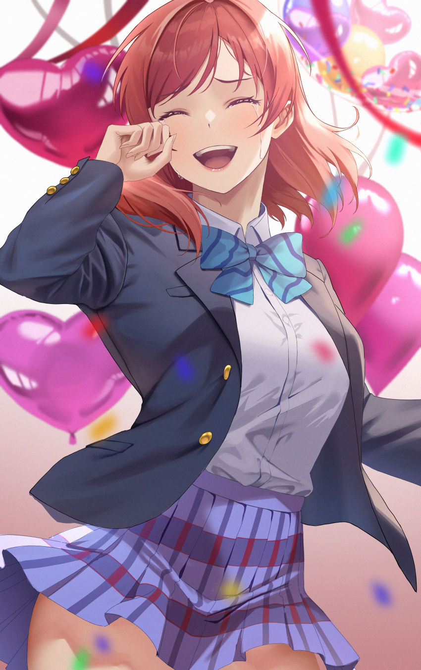 1girl absurdres balloon birthday breasts closed_eyes commentary confetti crying heart_balloon highres horai_sennkyo love_live! love_live!_school_idol_project medium_breasts medium_hair nishikino_maki otonokizaka_school_uniform red_hair school_uniform solo streaming_tears tears upper_body