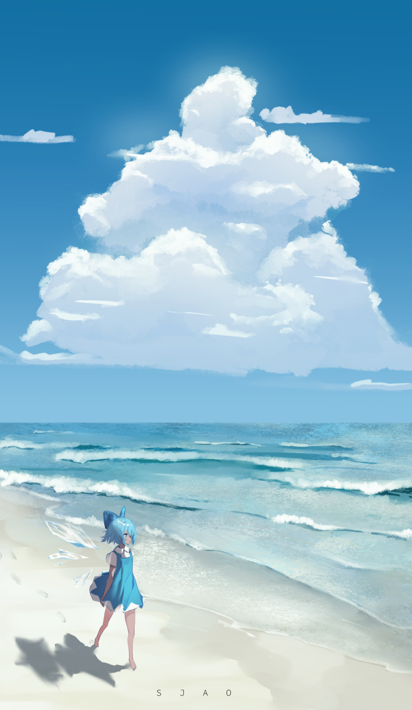 1girl arm_at_side artist_name bare_legs barefoot beach blue_bow blue_dress blue_eyes blue_hair blue_sky bow cirno closed_mouth cloud collared_shirt commentary cumulonimbus_cloud dark-skinned_female dark_skin day dress english_commentary hair_bow highres ice ice_wings looking_afar ocean outdoors profile scenery shaoviie shirt short_dress short_hair short_sleeves sky sleeveless sleeveless_dress solo standing summer tan tanned_cirno touhou waves white_shirt wide_shot wings