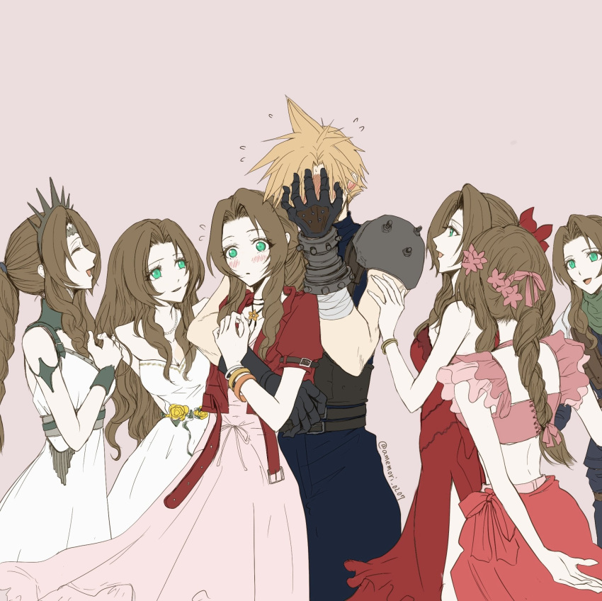 1boy 6+girls aerith_gainsborough aerith_gainsborough_(floral_delight) aerith_gainsborough_(red_dress) aerith_gainsborough_(white_floral_dress) amemori_0207 arm_around_waist armlet armor arms_behind_back bandaged_arm bandages bangle belt black_gloves blonde_hair blush bracelet bracer braid braided_ponytail breasts brown_belt brown_hair choker cleavage closed_eyes cloud_strife commentary_request cowboy_shot crop_top crown dress dress_flower final_fantasy final_fantasy_vii final_fantasy_vii_ever_crisis final_fantasy_vii_rebirth final_fantasy_vii_remake flamenco_dress flower flower_choker frilled_dress frilled_sleeves frills gloves gold_trim green_eyes green_scarf hair_flower hair_ornament hand_on_another's_arm hand_over_face highres jewelry laughing long_hair medium_breasts midriff multiple_belts multiple_girls official_alternate_costume parted_bangs parted_lips pink_background pink_dress pink_flower pink_shirt pink_skirt princess_rosa_costume red_flower rose scarf shinra_infantry_uniform shirt short_hair shoulder_armor side_slit sidelocks single_braid single_shoulder_pad skirt spiked_hair strapless strapless_dress suspenders tiara twitter_username wavy_hair white_dress yellow_flower yellow_rose