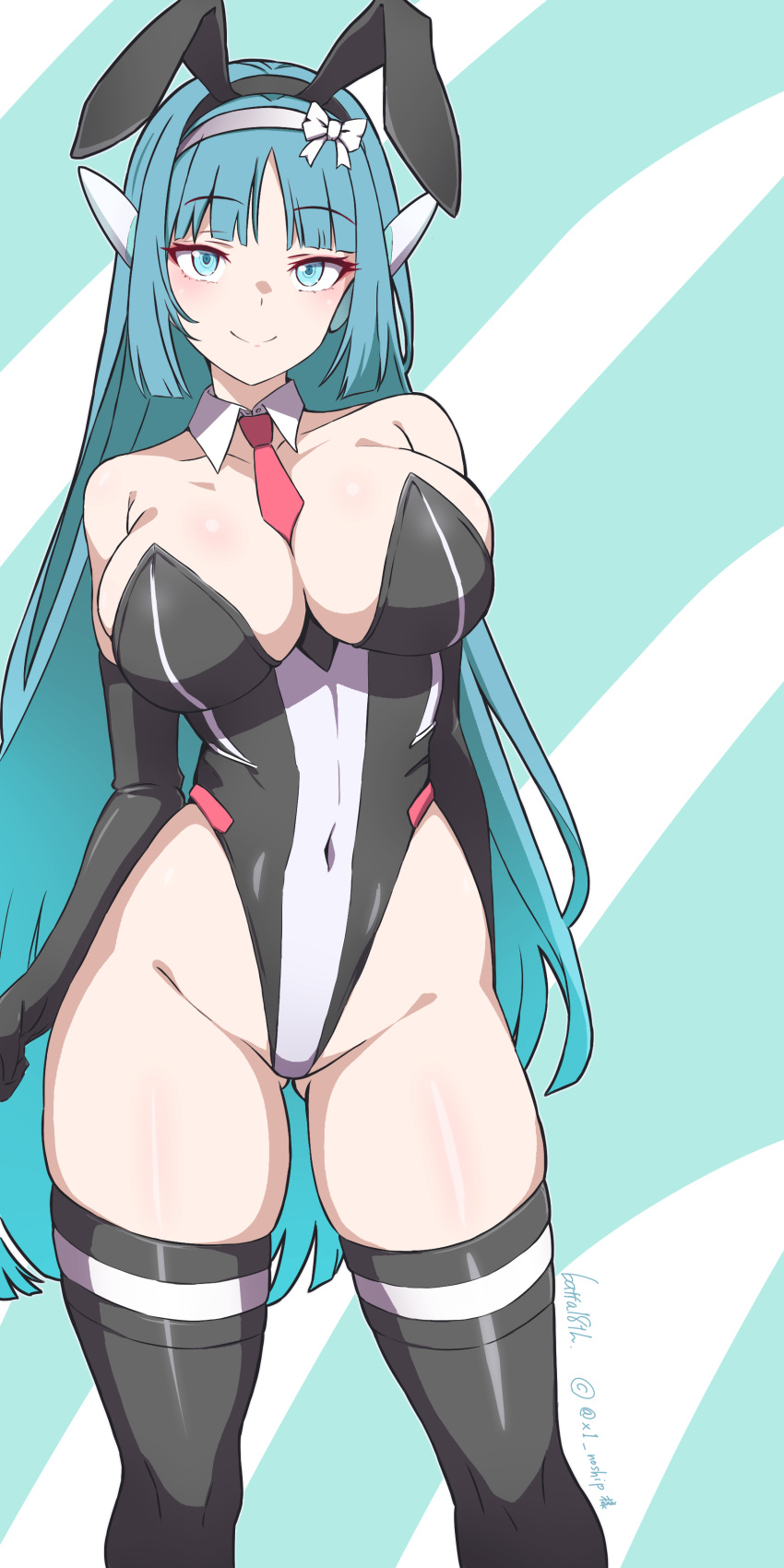 1girl absurdres animal_ears aqua_hair arms_at_sides ass_visible_through_thighs bare_shoulders batta_16-sei between_breasts black_gloves black_hairband black_thighhighs blue_eyes blue_hair blunt_bangs blunt_ends borrowed_character bow bow_hairband breasts cleavage closed_mouth collar contrapposto copyright_notice covered_navel detached_collar elbow_gloves fake_animal_ears feet_out_of_frame gloves groin hairband headgear highleg highleg_leotard highres large_breasts leotard long_hair looking_at_viewer necktie necktie_between_breasts original playboy_bunny rabbit_ears red_necktie sidelocks simple_background skindentation smile solo standing straight-on straight_hair thighhighs two-tone_background two-tone_leotard very_long_hair white_bow white_collar white_hairband