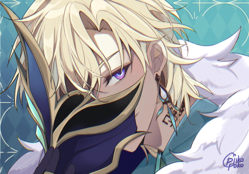 1boy aqua_shirt ashley_(piikopoko) aventurine_(honkai:_star_rail) black_gloves blonde_hair close-up collared_shirt earrings fur_trim gloves hair_between_eyes highres honkai:_star_rail honkai_(series) jewelry male_focus mask multicolored_eyes neck_tattoo purple_eyes shirt solo tattoo two-tone_eyes