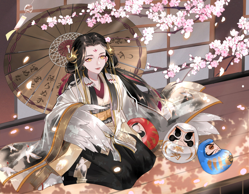 1069532 1girl bangs cherry_blossoms dharma_egg earrings facial_hair facial_mark feathers forehead_mark highres holding holding_umbrella japanese_clothes jewelry kimono long_hair long_sleeves makeup matsuyoi_ubume_(onmyoji) onmyoji parted_bangs petals sitting solo ubume_(onmyoji) umbrella wide_sleeves winged_arms wings yellow_eyes