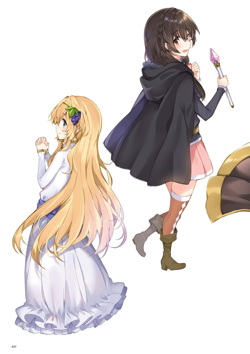 2girls argyle argyle_legwear bangs black_hair blonde_hair blue_eyes boots brown_footwear cape dress eris_(konosuba) frills full_body hair_ornament highres holding hood hood_down interlocked_fingers kono_subarashii_sekai_ni_shukufuku_wo! long_dress long_hair long_skirt long_sleeves looking_at_viewer looking_away looking_back mishima_kurone multiple_girls official_art own_hands_together page_number red_eyes shiny shiny_hair simple_background skirt smile thighhighs wand white_background white_dress yunyun_(konosuba) zettai_ryouiki