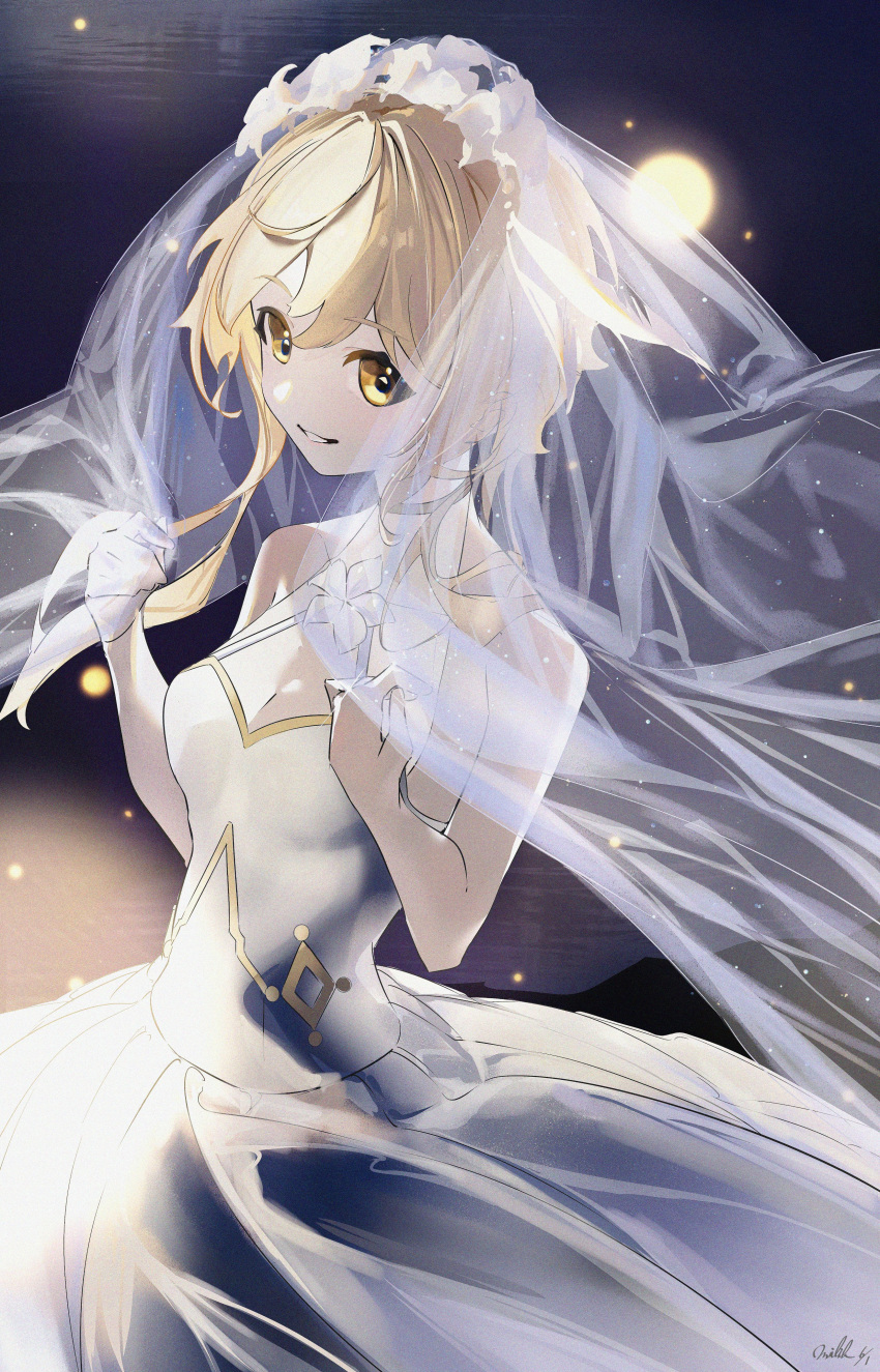 1girl absurdres alternate_costume bangs blonde_hair breasts bridal_veil dress english_commentary flower genshin_impact hair_between_eyes highres looking_at_viewer lumine_(genshin_impact) milil night outdoors parted_lips short_hair_with_long_locks signature sleeveless sleeveless_dress small_breasts solo veil water wedding_dress white_dress white_flower yellow_eyes