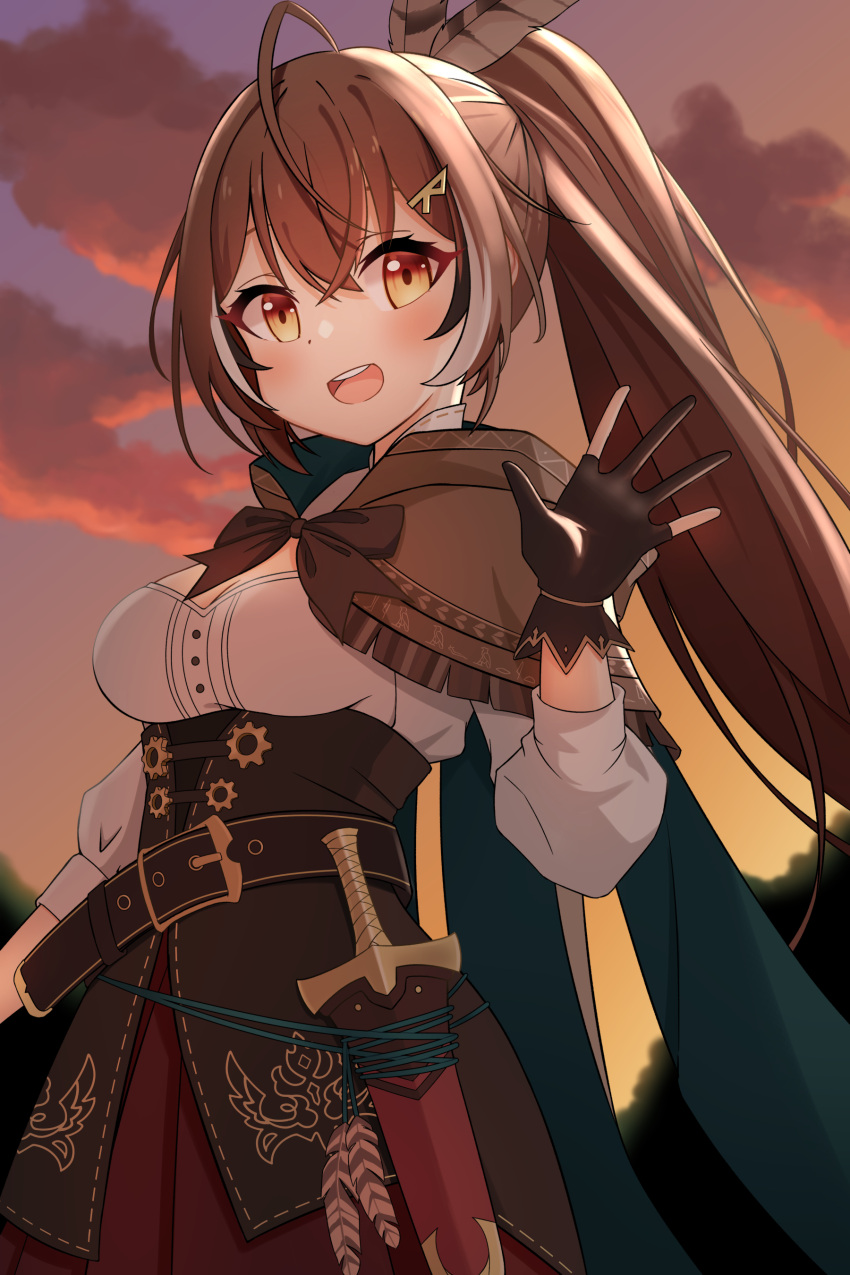 1girl :d absurdres ahoge bakedmonogamy bangs belt brown_capelet brown_cloak brown_corset brown_eyes brown_hair cape capelet cloak cloud cloudy_sky corset dagger feather_hair_ornament feathers gloves hair_ornament hairclip hieroglyphics highres hololive hololive_english knife long_hair multicolored_hair nanashi_mumei partially_fingerless_gloves pleated_skirt ponytail red_skirt ribbon shirt skirt sky smile solo streaked_hair sunset teeth upper_teeth very_long_hair virtual_youtuber waving weapon white_shirt