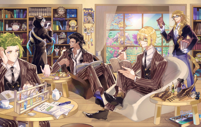 5boys :d achilles_(fate) achilles_(my_student_council)_(fate) alternate_costume apron asclepius_(fate) asclepius_(my_student_council)_(fate) ascot atalanta_(fate) bespectacled black_coat black_footwear black_gloves black_hair black_jacket black_necktie black_vest blonde_hair blue_eyes blue_pants blue_skirt blue_socks blue_vest book bookshelf box brown_hair brown_jacket brown_pants butter_knife castor_(fate) chair character_doll chiron_(fate) coat coffee_table collared_shirt cup curtains dark-skinned_male dark_skin dropper fate/grand_order fate_(series) feet_out_of_frame figure flower food fork formal full_body glasses gloves gradient_hair green_eyes green_hair grey_jacket hair_between_eyes hair_slicked_back hair_strand hat heracles_(fate) highres holding holding_book holding_pen holding_test_tube hooded_coat hria_h indoors jacket jason_(fate) jason_(my_student_council)_(fate) long_hair looking_at_another looking_at_object looking_back loose_necktie low-tied_long_hair male_focus medea_(lily)_(fate) model_ship multicolored_hair multiple_boys necktie official_alternate_costume open_book open_collar open_mouth pancake pants paper pen photo_(object) pink_flower pinstripe_jacket pinstripe_pants pinstripe_pattern pinstripe_suit plate poster_(object) puckered_lips purple_flower reading red_eyes saucer school_uniform shirt shoes short_hair sitting skirt smile snake socks spoon standing straw_hat striped striped_legwear suit teacup teapot test_tube test_tube_rack transparent tree tweezers upper_body vest white_ascot white_gloves white_hair white_shirt window wooden_floor yellow_apron yellow_eyes yellow_flower yellow_socks zipper_pull_tab