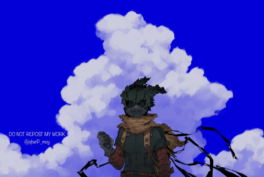 1boy backpack bag belt black_whip_(boku_no_hero_academia) blue_sky bodysuit boku_no_hero_academia cape cloud cracked_phone cracked_screen cumulonimbus_cloud dirty dirty_clothes gloves green_bodysuit green_eyes highres holding holding_phone looking_ahead midoriya_izuku official_alternate_costume phone qhsrp_moy sky solo spoilers torn_cape torn_clothes torn_gloves torn_mask upper_body utility_belt yellow_bag yellow_cape