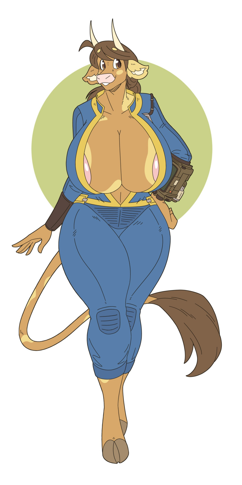 1:2 absurd_res anthro bethesda_softworks big_breasts bovid bovine breasts cattle cleavage clothed clothing curvy_figure fallout female hi_res hooves horn huge_breasts mammal molly_(slightlysimian) nipple_slip open_clothing open_jumpsuit pip-boy slightlysimian smile solo thick_thighs vault_suit video_games voluptuous