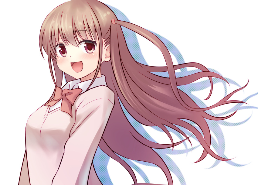 1girl achiga_school_uniform atarashi_ako bangs bow bowtie brown_hair cardigan commentary dress_shirt highres long_hair looking_at_viewer open_mouth pila_(pilayamato) pink_bow pink_bowtie pink_cardigan purple_eyes saki saki_achiga-hen school_uniform shadow shirt simple_background smile solo upper_body white_background white_shirt wind wing_collar