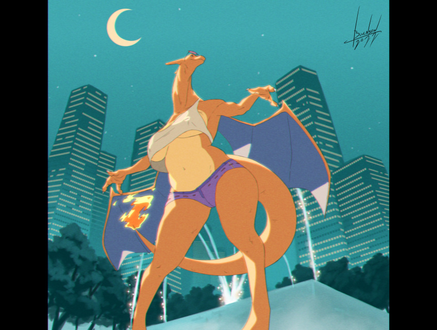 2022 2_horns 3_fingers absurd_res anthro artist_name big_breasts blulesnsfw bottomwear breasts charizard city city_background claws clothed clothing crescent_moon cutoffs denim denim_clothing detailed_background digital_media_(artwork) dragon eyewear eyewear_on_head fangs female filter fingers fire hi_res horn hotpants membrane_(anatomy) membranous_wings midriff moon navel night nintendo nipple_outline outside plant pok&eacute;mon pok&eacute;mon_(species) scalie shirt shorts signature sky smile solo spread_legs spreading star starry_sky sunglasses sunglasses_on_head tank_top teeth topwear tree under_boob video_games water_fountain white_clothing white_shirt white_topwear wings