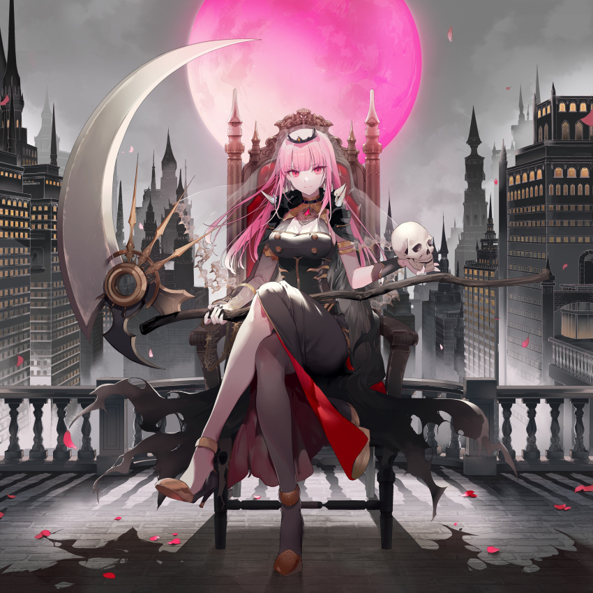 1girl absurdres architecture asymmetrical_legwear bangs black_cape black_dress black_thighhighs blush breasts cape cleavage cleavage_cutout clothing_cutout crown dress gothic_architecture grey_sky high_heels highres hololive hololive_english large_breasts long_hair moon mori_calliope official_art petals pink_hair pink_moon red_eyes sickle sitting skull solo thighhighs veil virtual_youtuber weapon yukisame