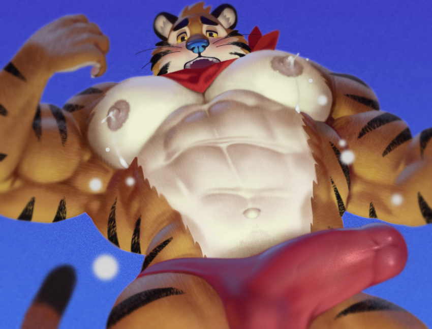 abs anthro bodily_fluids bulge felid frosted_flakes genitals kellogg's lactating looking_at_viewer male male_lactation mammal mascot muscular muscular_anthro muscular_male nipples pantherine pecs penis raccoon21 solo tiger tony_the_tiger