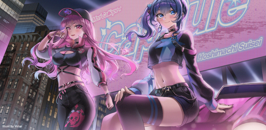 2girls baseball_cap belt billboard black_choker black_nails black_pants black_shorts blue_eyes blue_hair breasts building capsule_(hololive) car character_name choker cleavage closed_mouth crop_top earrings floating_hair ground_vehicle hat highres hololive hololive_english hoshimachi_suisei jewelry large_breasts long_hair midriff mori_calliope motor_vehicle multiple_girls navel night night_sky on_vehicle outdoors pants parted_lips pink_eyes pink_hair short_shorts shorts shrug_(clothing) side_ponytail sidelocks single_thighhigh sitting skull_print sky small_breasts smile song_name standing star_(symbol) star_choker stomach thighhighs virtual_youtuber volar_uwu wavy_hair wristband