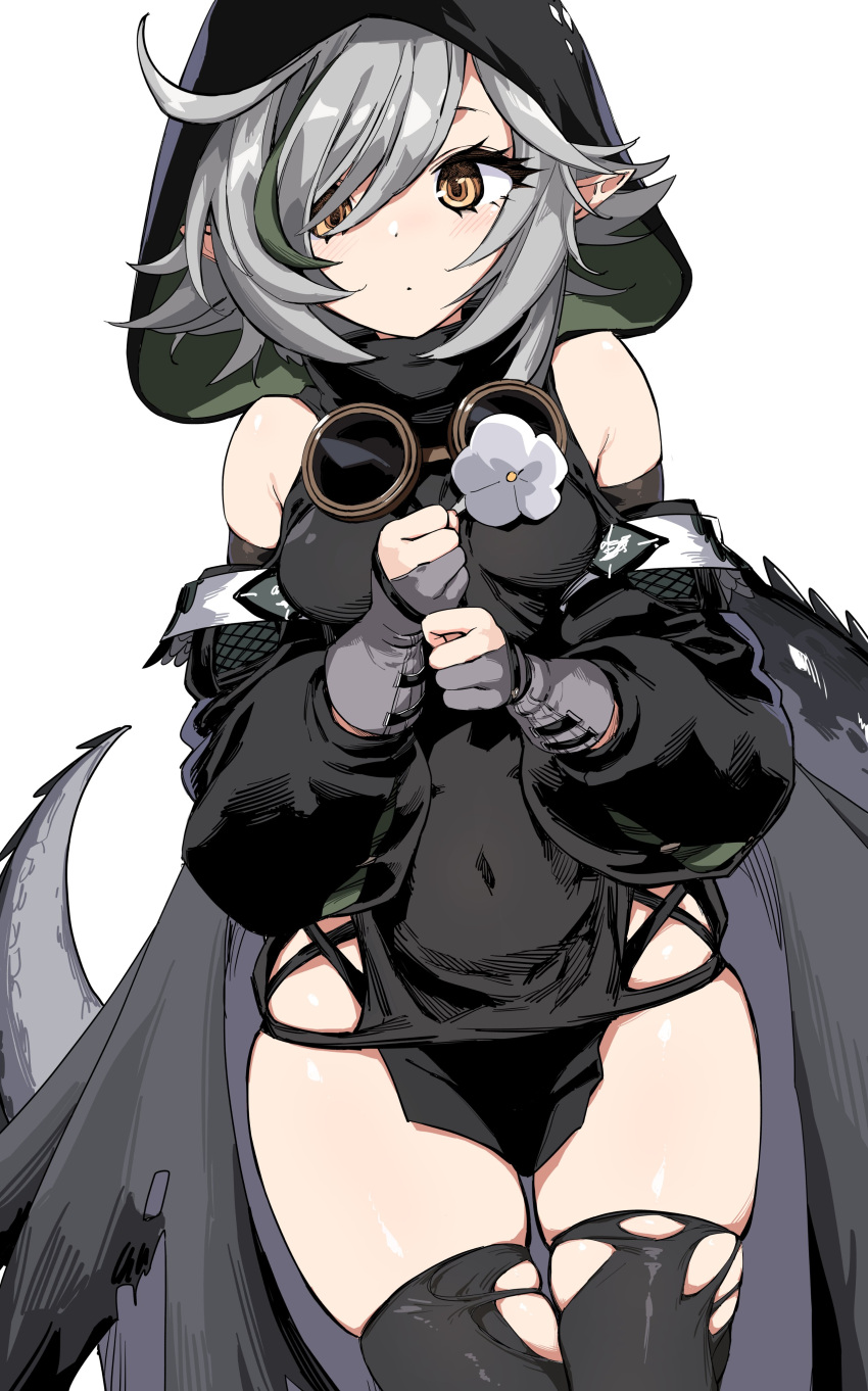 1girl absurdres ahoge arknights black_shirt black_thighhighs breasts clenched_hands covered_navel cowboy_shot crocodilian_tail detached_sleeves flower gloves goggles goggles_around_neck green_hair grey_hair highres hood hood_up hooded_shirt kinbakuman light_blush long_sleeves looking_at_viewer multicolored_hair partially_fingerless_gloves pelvic_curtain pointy_ears shirt short_hair simple_background sleeveless sleeveless_shirt small_breasts solo streaked_hair tail thighhighs thighs tomimi_(arknights) torn_thighhighs white_background white_flower yellow_eyes