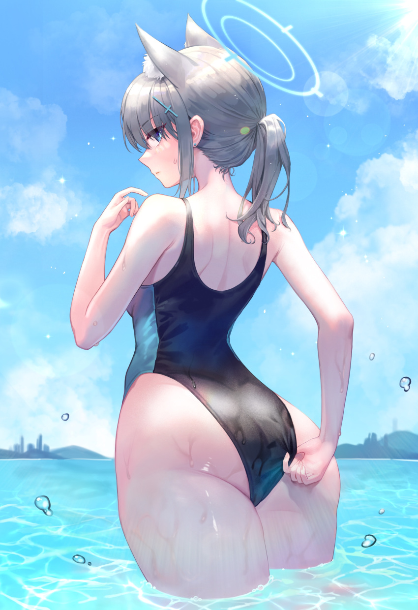 1girl absurdres adjusting_clothes adjusting_swimsuit animal_ear_fluff animal_ears ass bangs black_swimsuit blue_archive blue_eyes blush breasts competition_swimsuit cross_hair_ornament extra_ears grey_hair hair_ornament halo highres lee_jin_byeol looking_at_viewer looking_back medium_hair multicolored_clothes multicolored_swimsuit ocean one-piece_swimsuit ponytail school_swimsuit shiroko_(blue_archive) shiroko_(swimsuit)_(blue_archive) solo swimsuit thighs wading wet