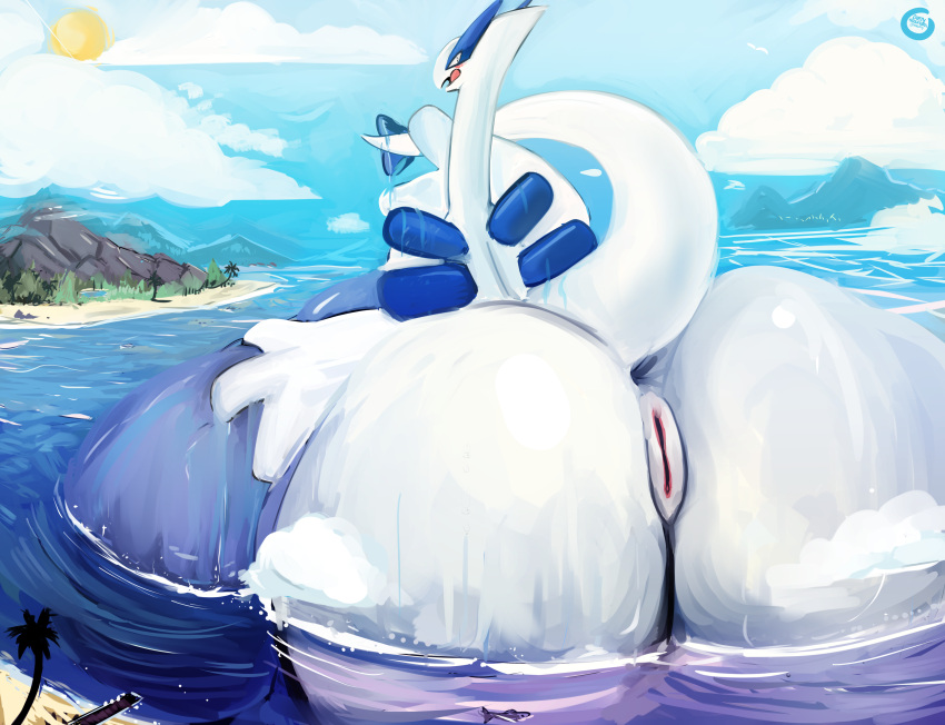 absurd_res anthro beach big_breasts big_butt blue_sky blush breasts butt clitoris cloud digital_media_(artwork) dirtyscoundrel embarrassed exposed_breasts female fish genitals hand_on_breast hi_res huge_breasts huge_butt hyper hyper_butt legendary_pok&eacute;mon looking_at_viewer lugia macro marine nintendo open_mouth overweight overweight_anthro overweight_female pok&eacute;mon pok&eacute;mon_(species) pussy sea seaside signature sky solo sun thick_thighs video_games water wet white_body wide_hips