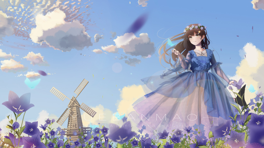 1girl absurdres artist_name blue_dress blue_sky brown_eyes brown_hair chinese_commentary closed_mouth cloud commentary_request dated dress english_text flower flower_request hair_ornament head_wreath highres long_hair long_sleeves original outdoors scenery see-through see-through_sleeves sky smile solo watermark windmill yuebanmao