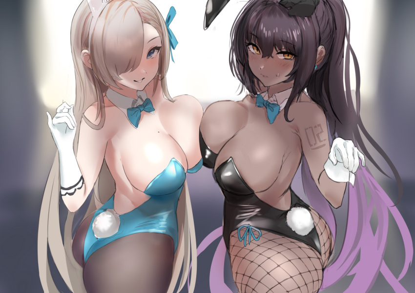 2girls animal_ears ass asuna_(blue_archive) asuna_(bunny)_(blue_archive) bangs bare_shoulders black_hair black_leotard blue_archive blue_eyes blue_leotard blush breasts cleavage dark-skinned_female dark_skin detached_collar dh-zone elbow_gloves fake_animal_ears fishnet_legwear fishnets gloves hair_over_one_eye highleg highleg_leotard highres karin_(blue_archive) karin_(bunny)_(blue_archive) large_breasts leotard light_brown_hair long_hair looking_at_viewer mole mole_on_breast multiple_girls pantyhose playboy_bunny ponytail rabbit_ears rabbit_tail sidelocks smile tail thighs white_gloves yellow_eyes