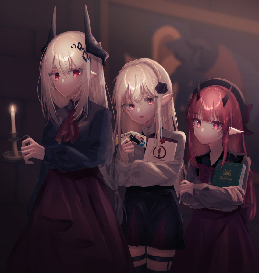 3girls arknights black_dress book braid cabbie_hat candle cowboy_shot crown_braid dress flower hair_flower hair_ornament hat highres holding holding_book holding_candle horns long_hair mudrock_(arknights) multiple_girls pointy_ears red_eyes red_hair shirt simotukiniko vigna_(arknights) warfarin_(arknights) white_shirt