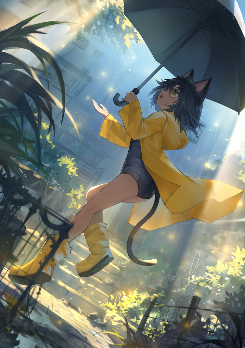 1girl bangs black_swimsuit blush boots cat cat_girl cat_tail day dutch_angle full_body highres holding holding_umbrella hood hood_down hooded_coat kurona_(neko_musume_michikusa_nikki) long_sleeves looking_away neko_musume_michikusa_nikki observerz one-piece_swimsuit open_mouth outdoors plant raincoat rubber_boots short_hair signature solo sunlight swimsuit tail umbrella yellow_eyes yellow_footwear yellow_raincoat