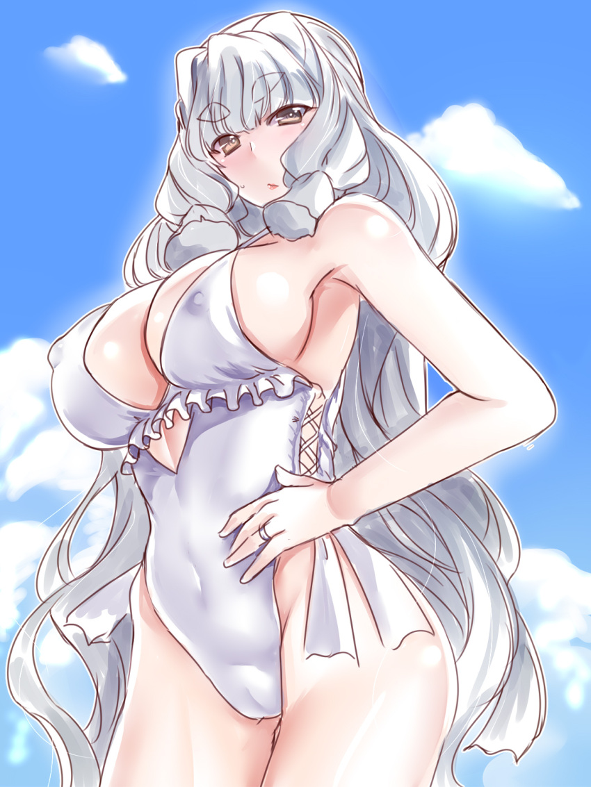 alternate_breast_size blue_sky breasts cosplay covered_nipples hakkai hand_on_hip highres jewelry kantai_collection large_breasts long_hair looking_at_viewer murakumo_(kancolle) one-piece_swimsuit ring sagiri_(kancolle) sagiri_(kancolle)_(cosplay) sidelocks sky swimsuit wedding_band white_hair yellow_eyes