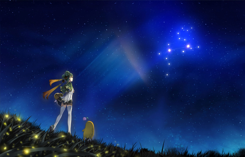 1girl bilibili_douga black_skirt cape china_dress chinese_clothes dress gourd grass green_cape green_footwear green_hair hair_bun hair_ornament_request highres mascot night night_sky official_art official_wallpaper open_mouth orange_eyes pointy_ears shirt skirt sky star_(sky) starry_sky thighhighs white_shirt white_thighhighs yao_qi_niang