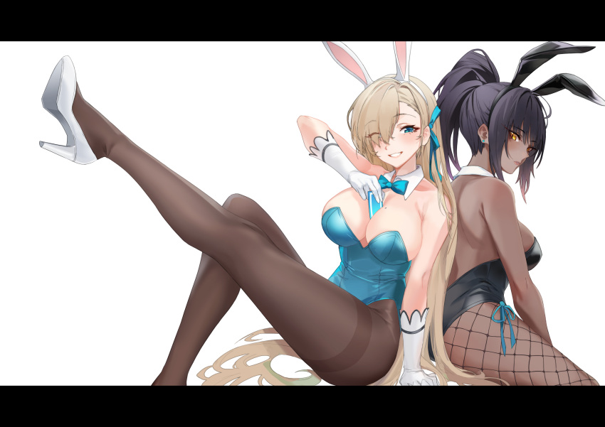 0.7_(aysatnegr) 2girls absurdres animal_ears asuna_(blue_archive) asuna_(bunny)_(blue_archive) bangs bare_arms bare_back bare_shoulders between_breasts black_hair black_leotard blonde_hair blue_archive blue_bow blue_bowtie blue_leotard blue_ribbon blurry bow bowtie breasts card card_between_breasts chinese_commentary closed_mouth dark-skinned_female dark_skin detached_collar eyes_visible_through_hair fake_animal_ears fishnet_legwear fishnets gloves hair_over_one_eye hair_ribbon high_heels high_ponytail highleg highleg_leotard highres indoors karin_(blue_archive) karin_(bunny)_(blue_archive) large_breasts leg_up leotard long_hair looking_at_viewer mole mole_on_breast multiple_girls official_alternate_costume one_eye_closed open_mouth pantyhose playboy_bunny ribbon side-tie_leotard sidelocks simple_background sitting strapless strapless_leotard swept_bangs teeth very_long_hair white_background white_footwear white_gloves yellow_eyes