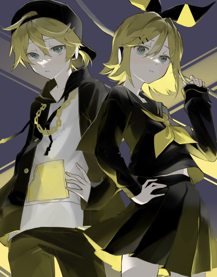 1boy 1girl ahoge aqua_eyes ascot backwards_hat baseball_cap black_sailor_collar black_serafuku black_shirt black_skirt bow chain_necklace expressionless from_below gakuran hair_bow half-closed_eyes hand_on_hip hat headphones highres hood hoodie jacket jewelry kagamine_len kagamine_rin long_sleeves looking_at_viewer midriff_peek mo011010 neckerchief necklace open_clothes open_jacket pale_skin pleated_skirt rettou_joutou_(vocaloid) sailor_collar school_uniform serafuku shirt short_ponytail skirt two-tone_bow vocaloid yellow_ascot yellow_neckerchief