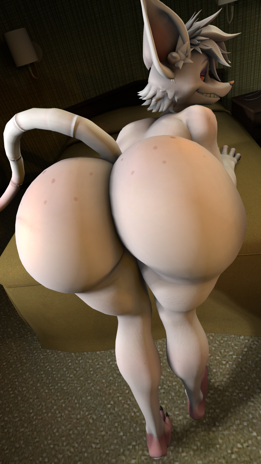 anthro bed bent_over big_butt butt butt_close-up butt_shot female furniture grin hair hi_res huge_butt kyleroo looking_at_viewer looking_back mammal murid murine nude officer_flint_(foretbwat) on_bed presenting presenting_hindquarters raised_tail rat rodent smile solo