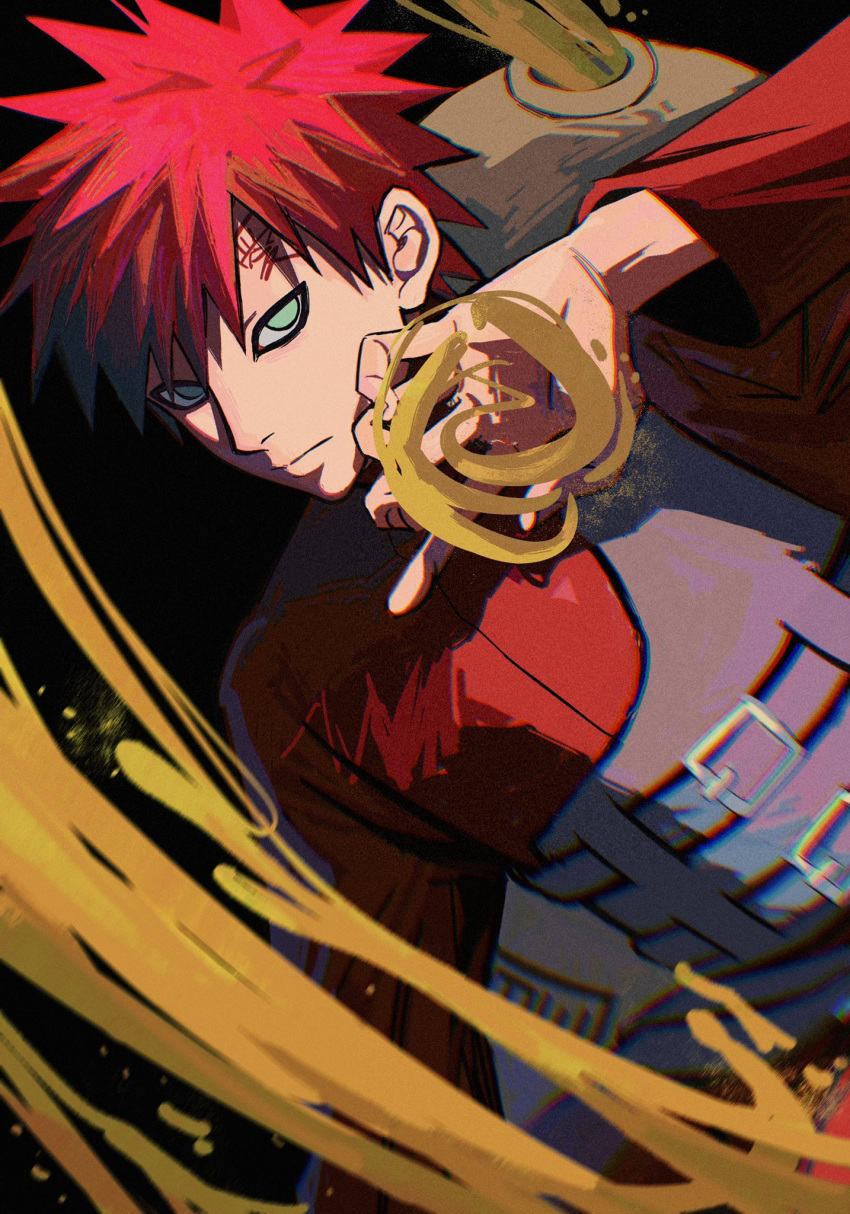 1boy abanovo aqua_eyes armor black_background chromatic_aberration closed_mouth facial_mark film_grain floating gaara_(naruto) gourd hair_between_eyes highres male_focus naruto_(series) naruto_shippuuden red_hair sand simple_background solo spiked_hair spikes