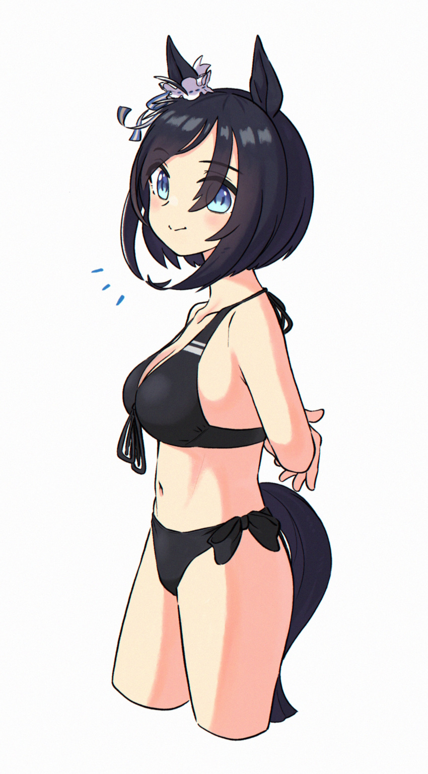 1girl absurdres animal_ears appleq arms_behind_back asymmetrical_bangs bangs bikini black_bikini black_hair blue_eyes blush breasts cleavage closed_mouth cropped_legs eishin_flash_(umamusume) front-tie_bikini front-tie_top grey_background halter_top halterneck highres horse_ears horse_girl horse_tail looking_at_viewer medium_breasts navel notice_lines simple_background smile solo swimsuit tail umamusume