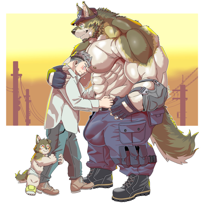 abs anthro beard big_bulge big_muscles big_pecs bodily_fluids boots bottomwear bulge canid canine canis chan_kiti_chan_(artist) child clothed clothing comforting embrace facial_hair family father father_and_child father_and_son fingerless_gloves footwear fur gloves green_body green_fur grey_hair group hair hand_holding handwear hat headgear headwear hi_res holding_partner hug human human_on_anthro interspecies larger_anthro larger_male male male/male mammal multicolored_body multicolored_fur muscular navel nipples pants parent parent_and_child pecs shirt shirtless shirtless_male size_difference smaller_human smaller_male son tears topwear trio underwear underwear_only white_body white_fur wolf young