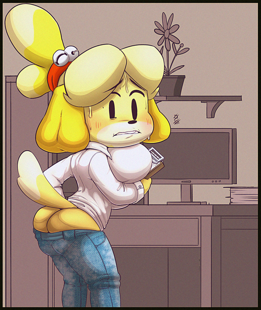 absurd_res animal_crossing anthro big_breasts big_butt black_eyes blonde_hair blush bottomwear breasts butt canid canine canis clipboard clothing denim denim_clothing desk dipstick_tail domestic_dog dress_shirt female furniture hair hi_res holding_clipboard holding_object huge_breasts isabelle_(animal_crossing) jeans looking_back mammal markings monitor nintendo pants plant shih_tzu shirt sixsidesofmyhead solo table tail_markings topwear toy_dog video_games yellow_body