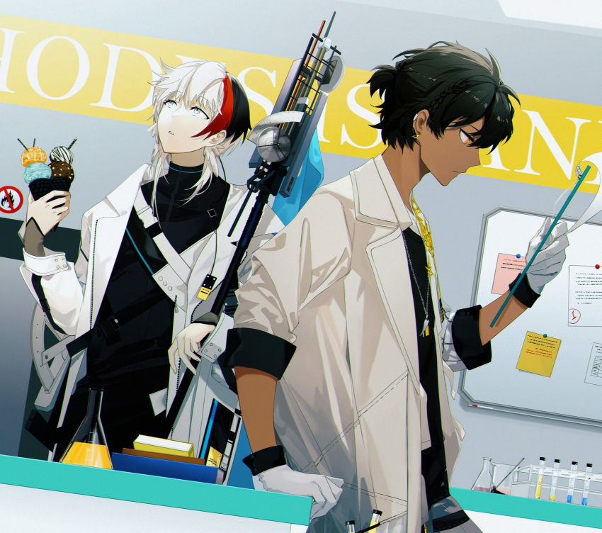 2boys arknights arm_support black_hair black_shirt clipboard closed_mouth commentary_request dark-skinned_male dark_skin double_scoop elysium_(arknights) food gloves highres holding holding_food ice_cream ice_cream_cone jacket looking_away male_focus multicolored_hair multiple_boys open_clothes open_jacket parted_lips profile red_eyes red_hair shirt streaked_hair thorns_(arknights) triangular1116 vial white_eyes white_gloves white_hair white_jacket